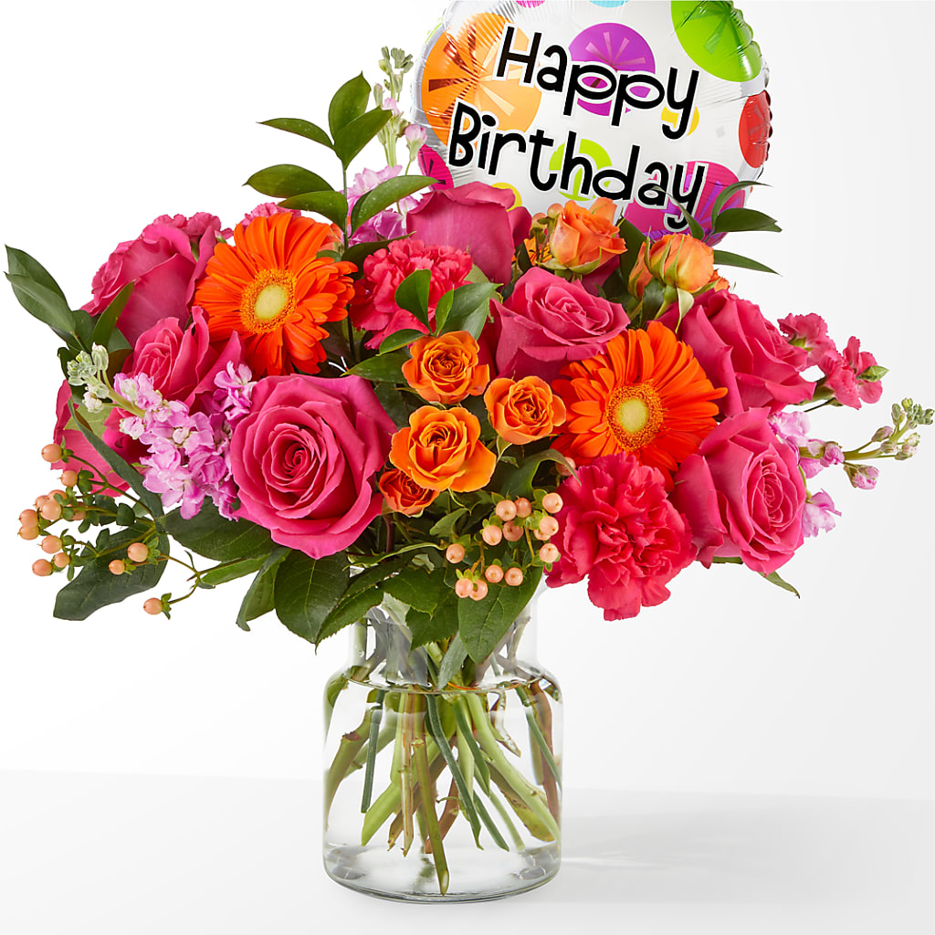 Fiesta Bouquet with Birthday Balloon – MAIN STREET FLORIST & GIFTS, Ridgefield CT
