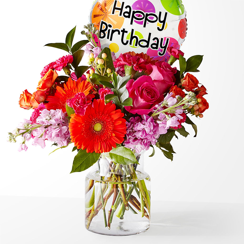 Fiesta Bouquet with Birthday Balloon – MAIN STREET FLORIST & GIFTS, Ridgefield CT