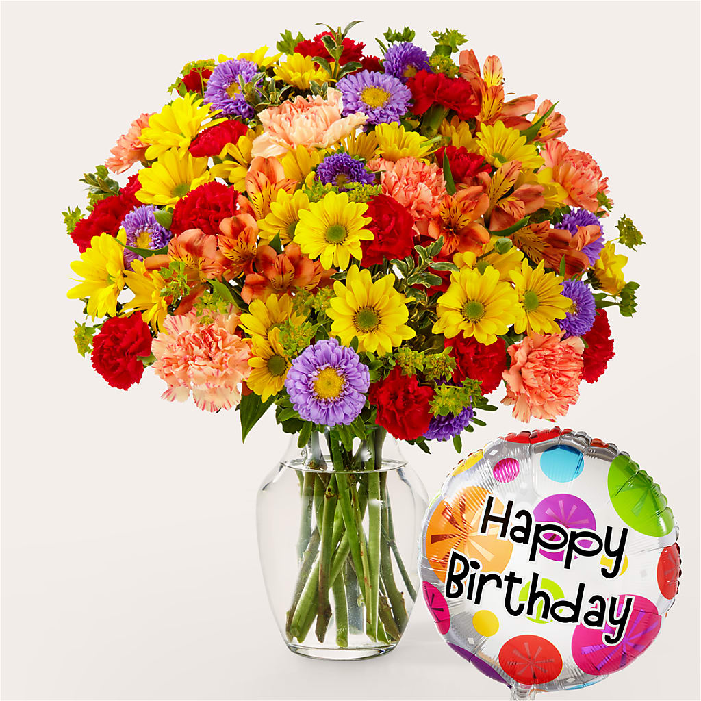 Kaleidoscope Bouquet with Birthday Balloon – MAIN STREET FLORIST & GIFTS, Ridgefield CT